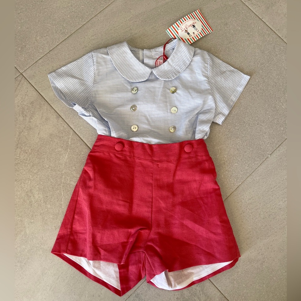 La Coqueta Blue and White Checkered with red shorts Baby Boy Set NWT